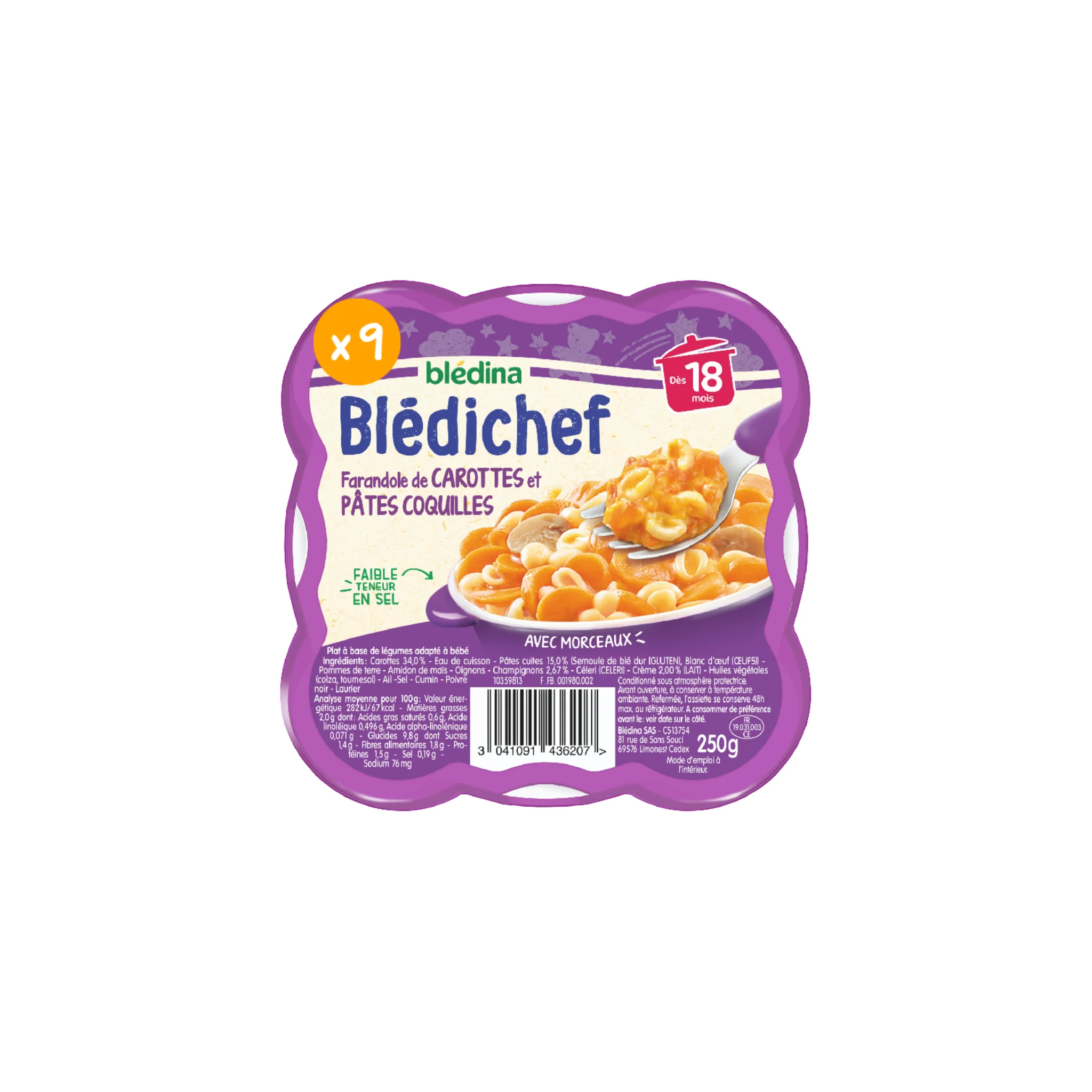 BLEDINA Blédichef  Plat bébé dès 18 mois farandole de carottes et pâtes coquilles 250g -D23