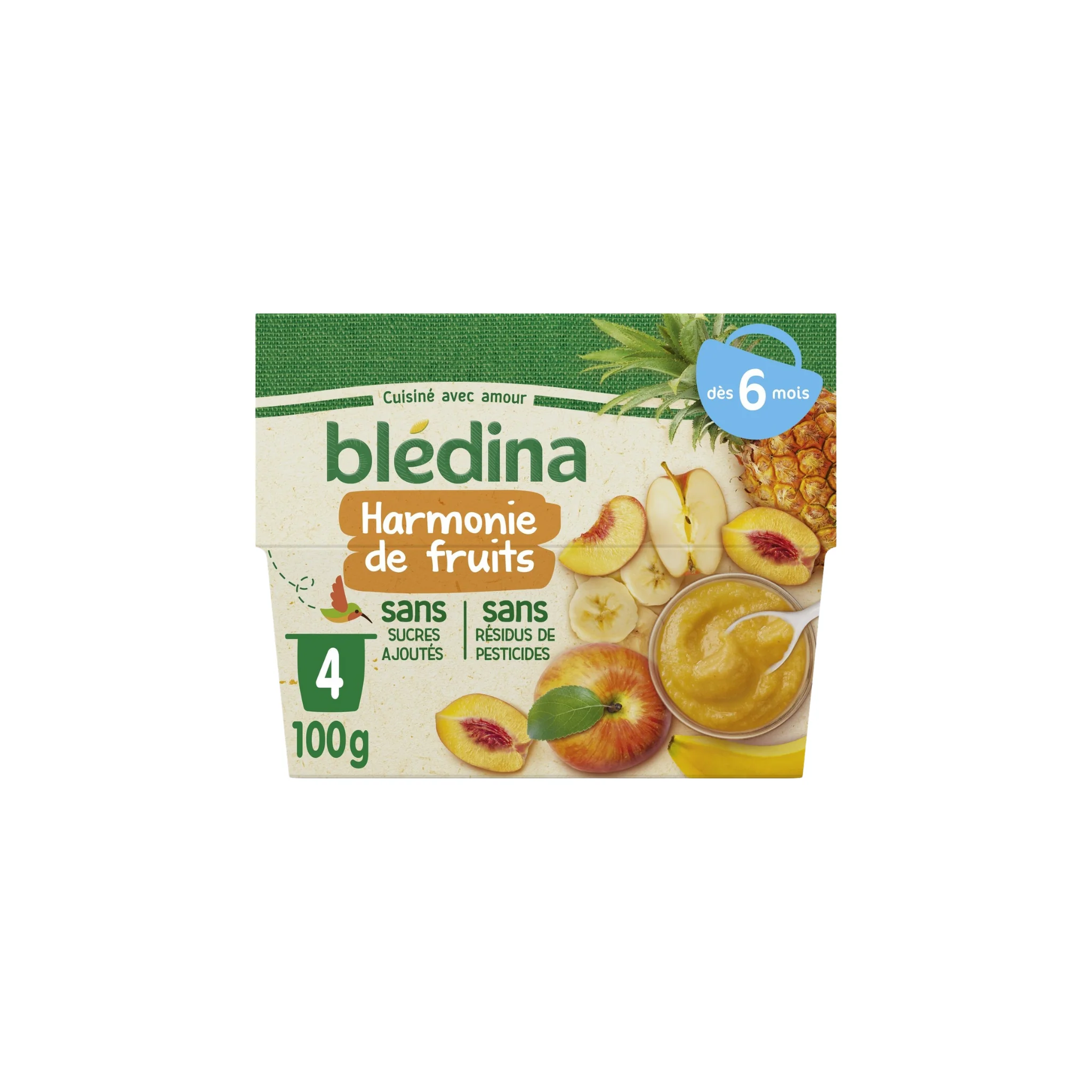 BLEDINA Purée de fruits bébé dès 6 mois harmonie de fruits 4pots 400g -D71