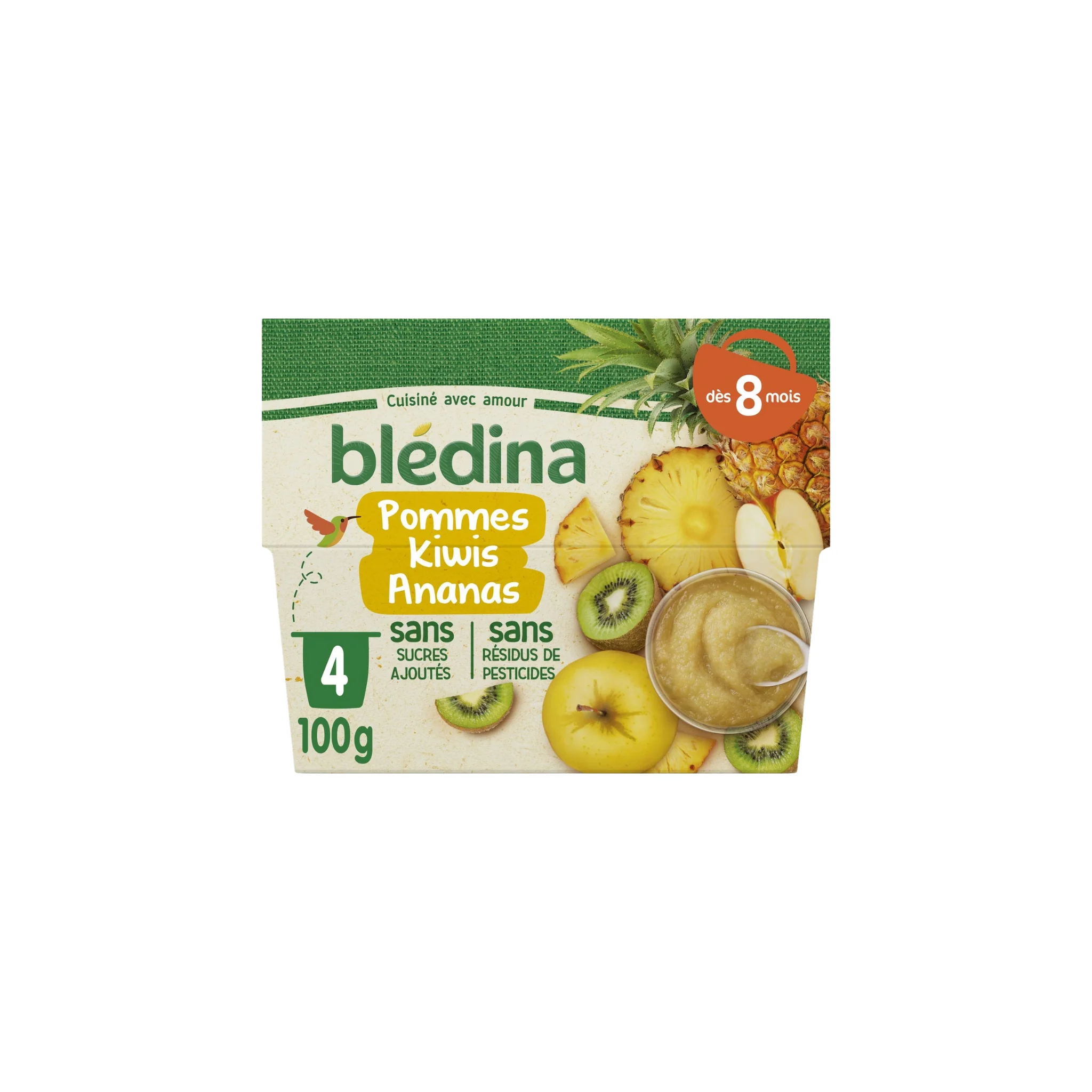 BLEDINA Purée de fruits bébé dès 8 mois pomme kiwis ananas 4 pots 400g -D72
